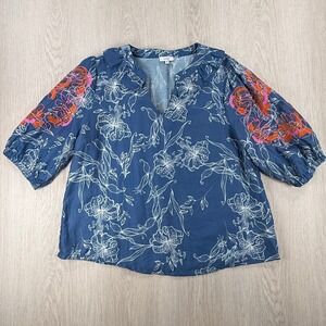 Blouse VOY Womens Medium Blue Floral Embroidered Puff Sleeve Boho Cottagecore